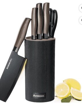 7-Piece Knife Set with Black Ribbed Block and Brown Handles